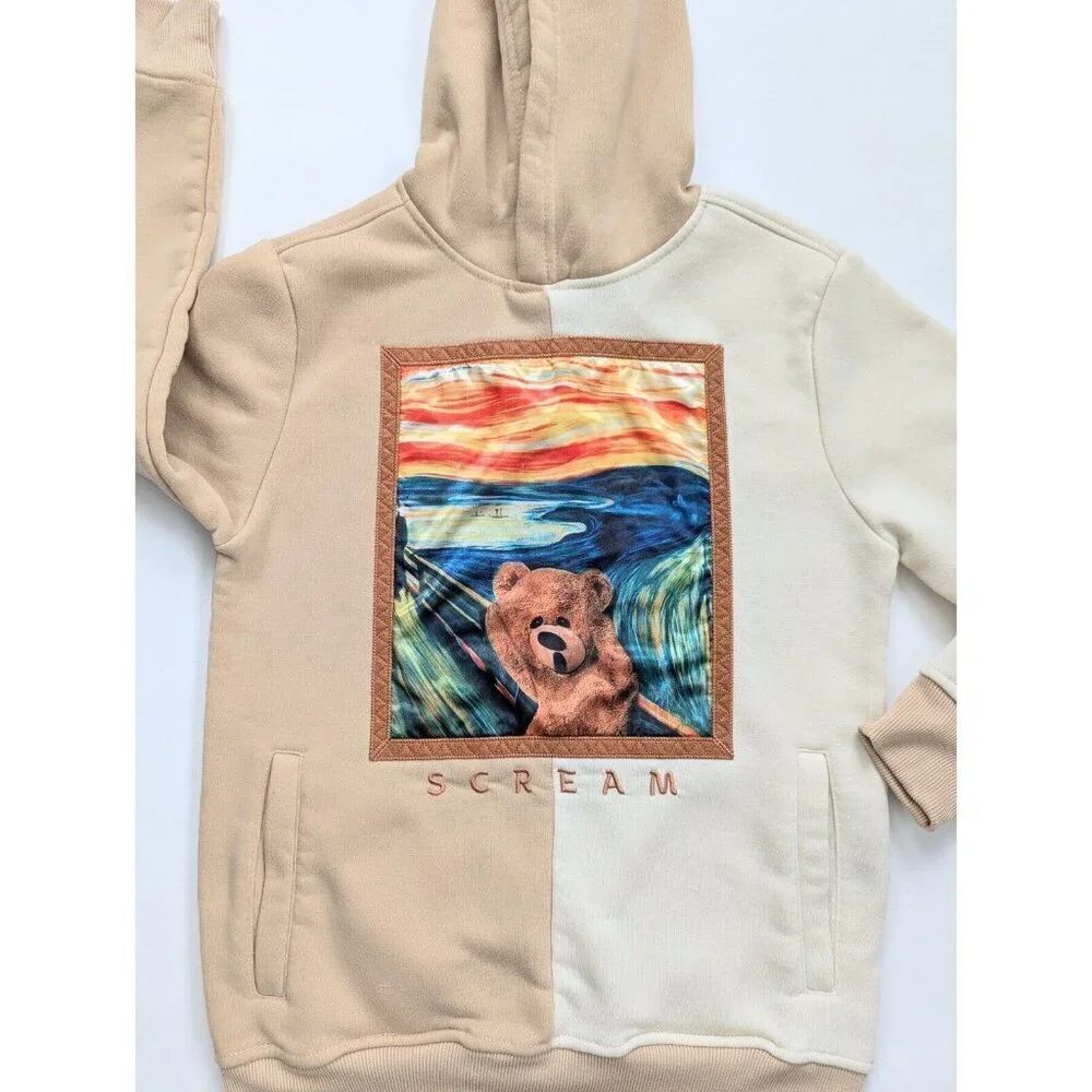 Rebel Minds Kids Scream Bear Fleece Hoodie Beige And Cream Size M - 10/12